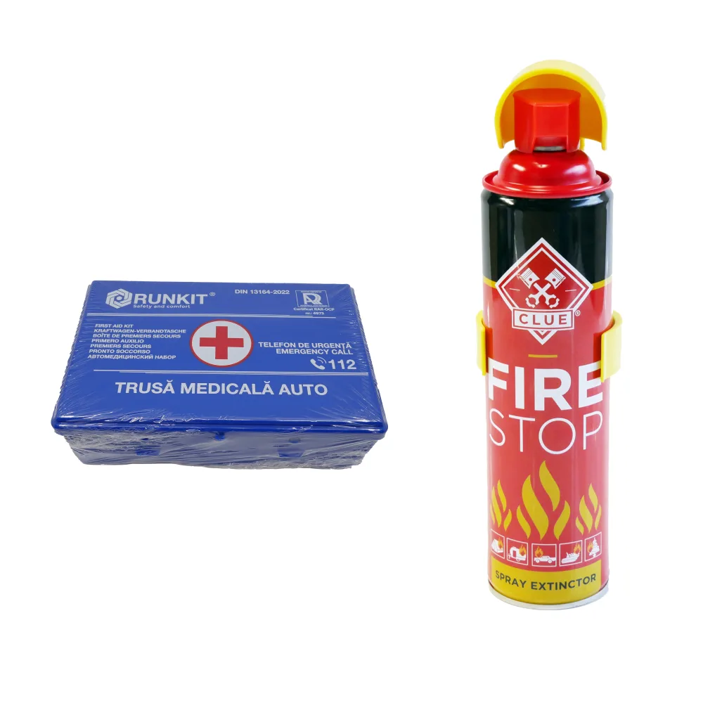 Pachet PROMO: Spray extinctor 1000 ml + Trusa sanitara auto DIN13164 albastra