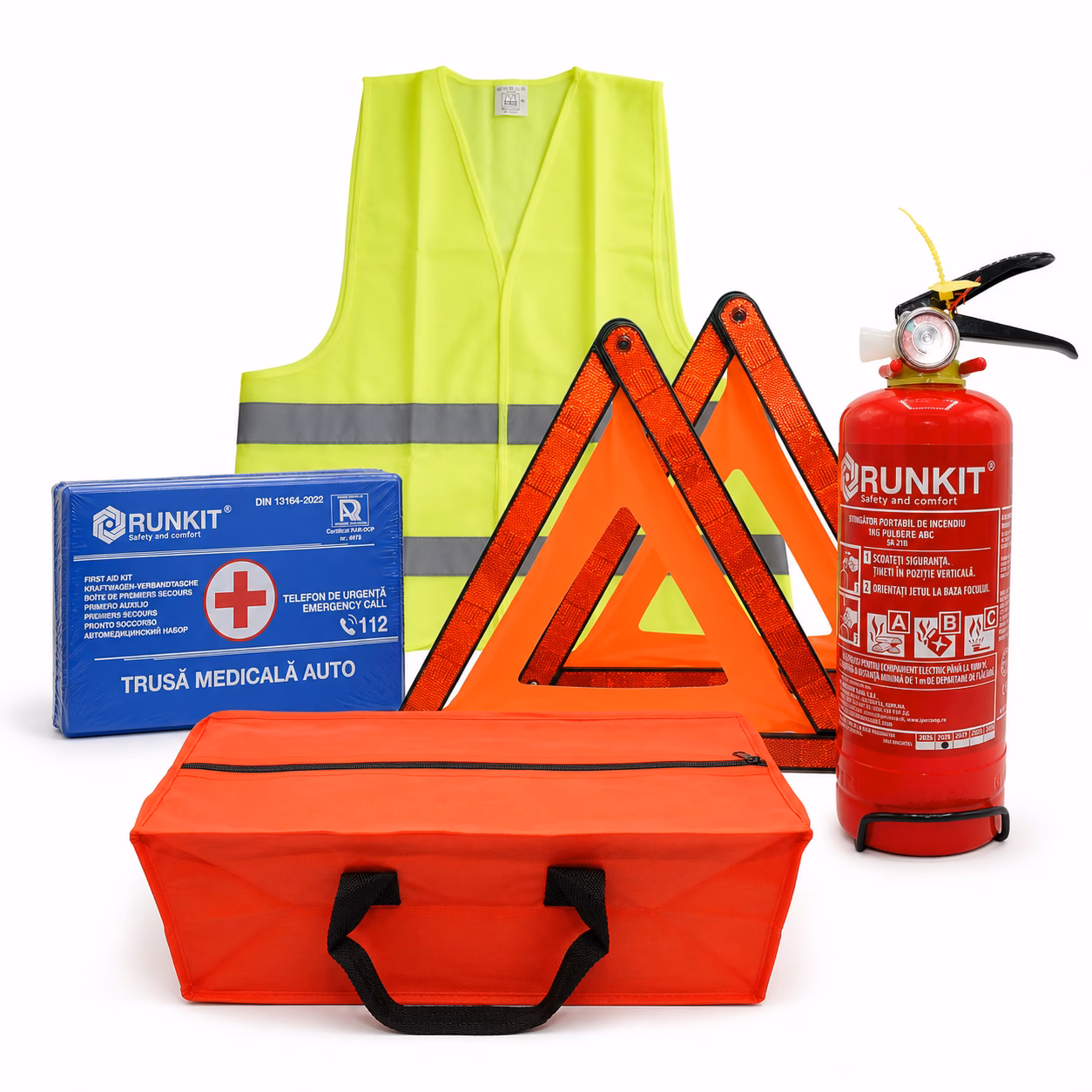 Kit siguranta auto Premium, certificat RAR si avizat IGSU, utilizabil Grecia, RUNKIT