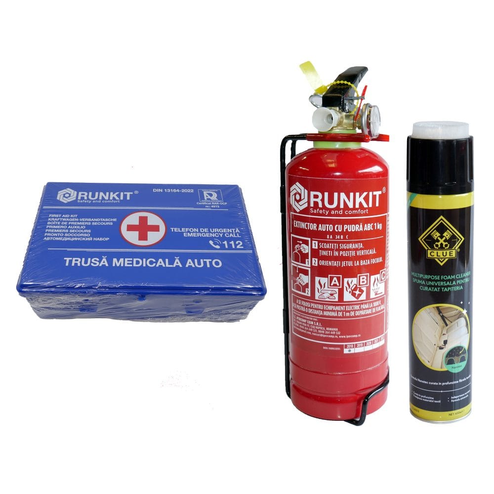 Pachet siguranta si intretinere auto: Stingator auto P1 + Trusa sanitara DIN13164 + Spray tapiterie cu spuma Nanotec