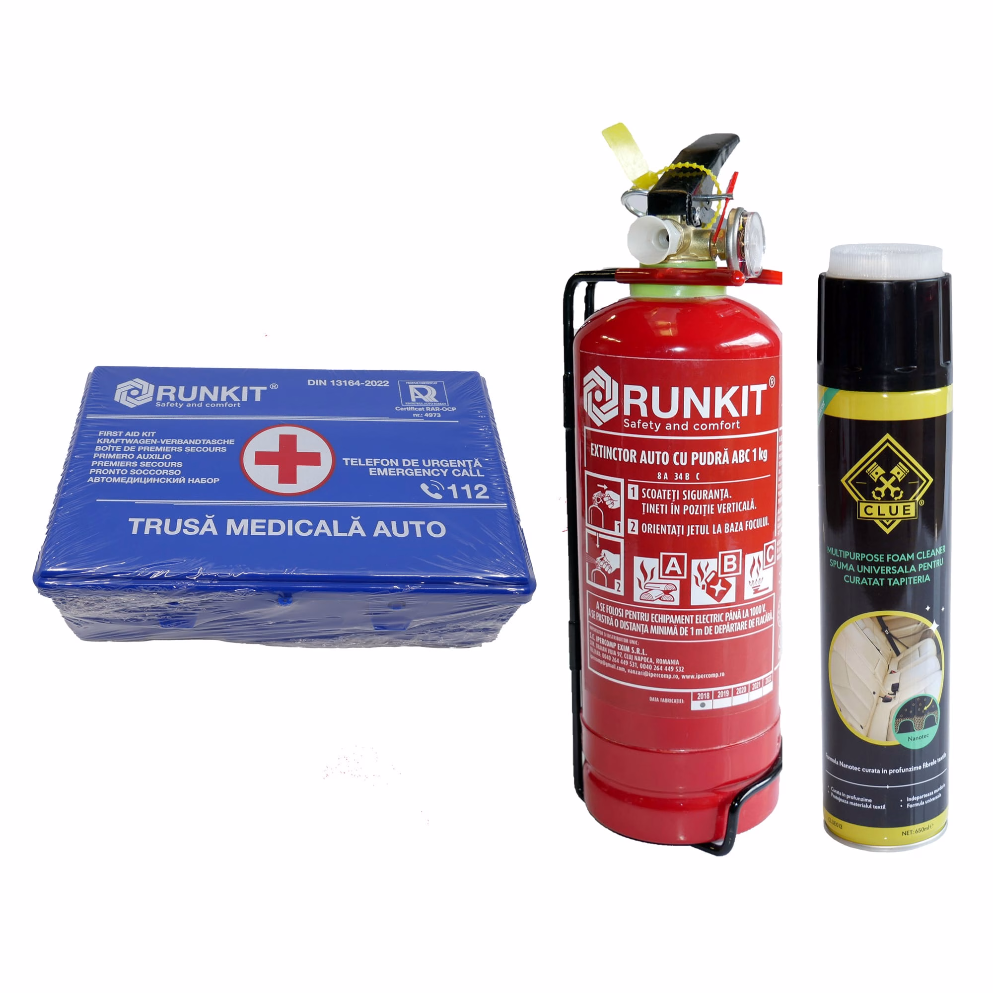 Pachet siguranta si intretinere auto: Stingator auto P1 + Trusa sanitara DIN13164 + Spray tapiterie cu spuma Nanotec
