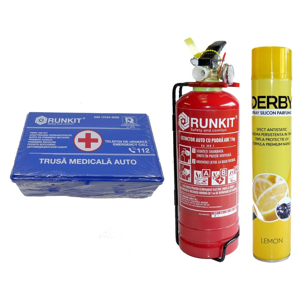 Pachet siguranta si intretinere auto: Stingator auto P1 + Trusa sanitara DIN13164 + Spray bord silicon Lămâie
