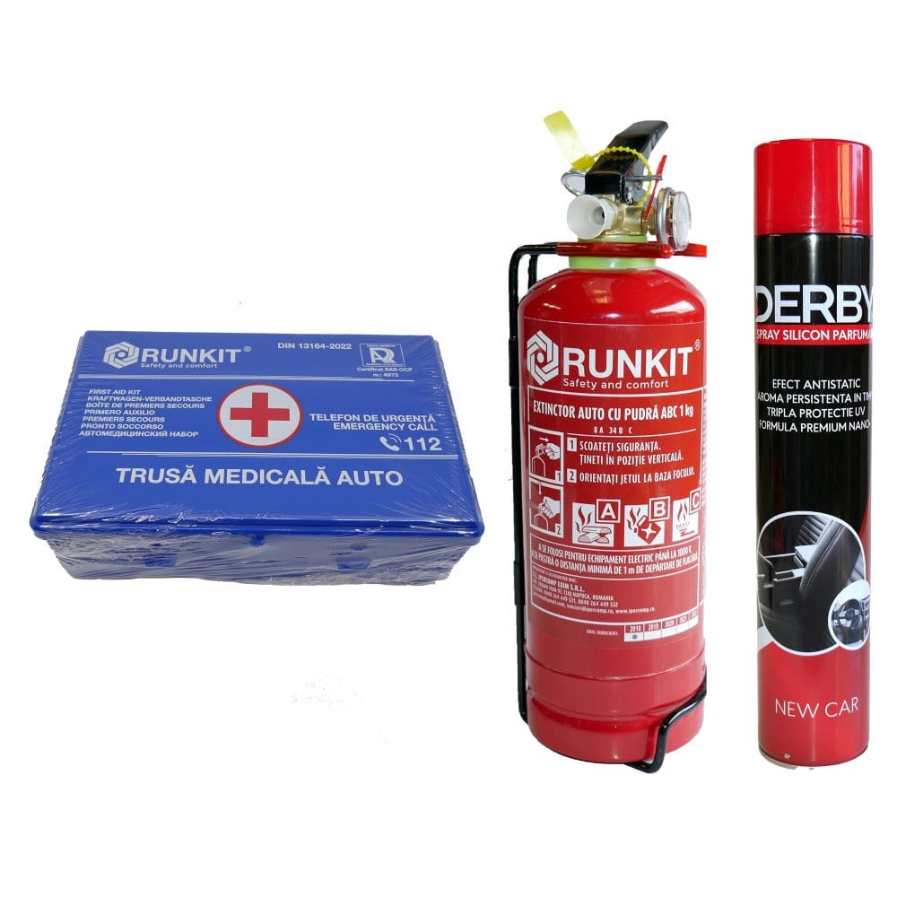 Pachet siguranta si intretinere auto: Stingator auto P1 + Trusa sanitara DIN13164 + Spray bord silicon New Car