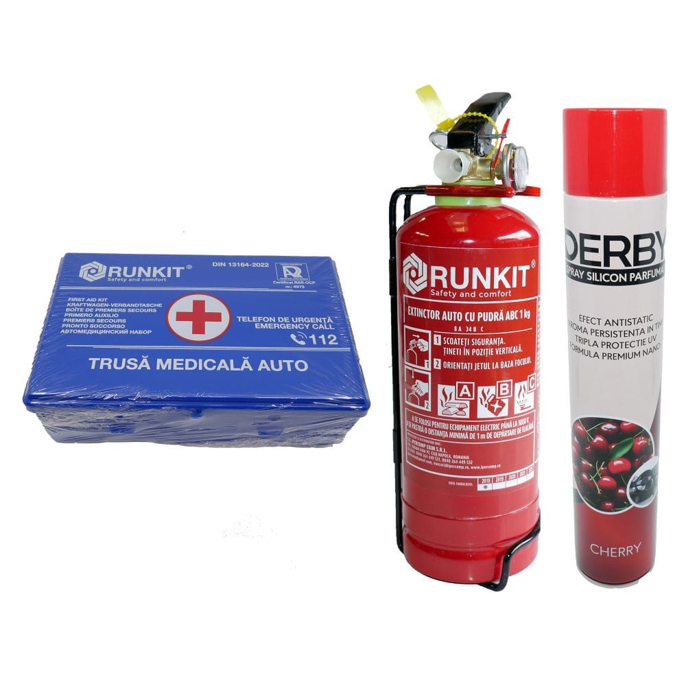Pachet siguranta si intretinere auto: Stingator auto P1 + Trusa sanitara DIN13164 + Spray bord silicon Cireșe