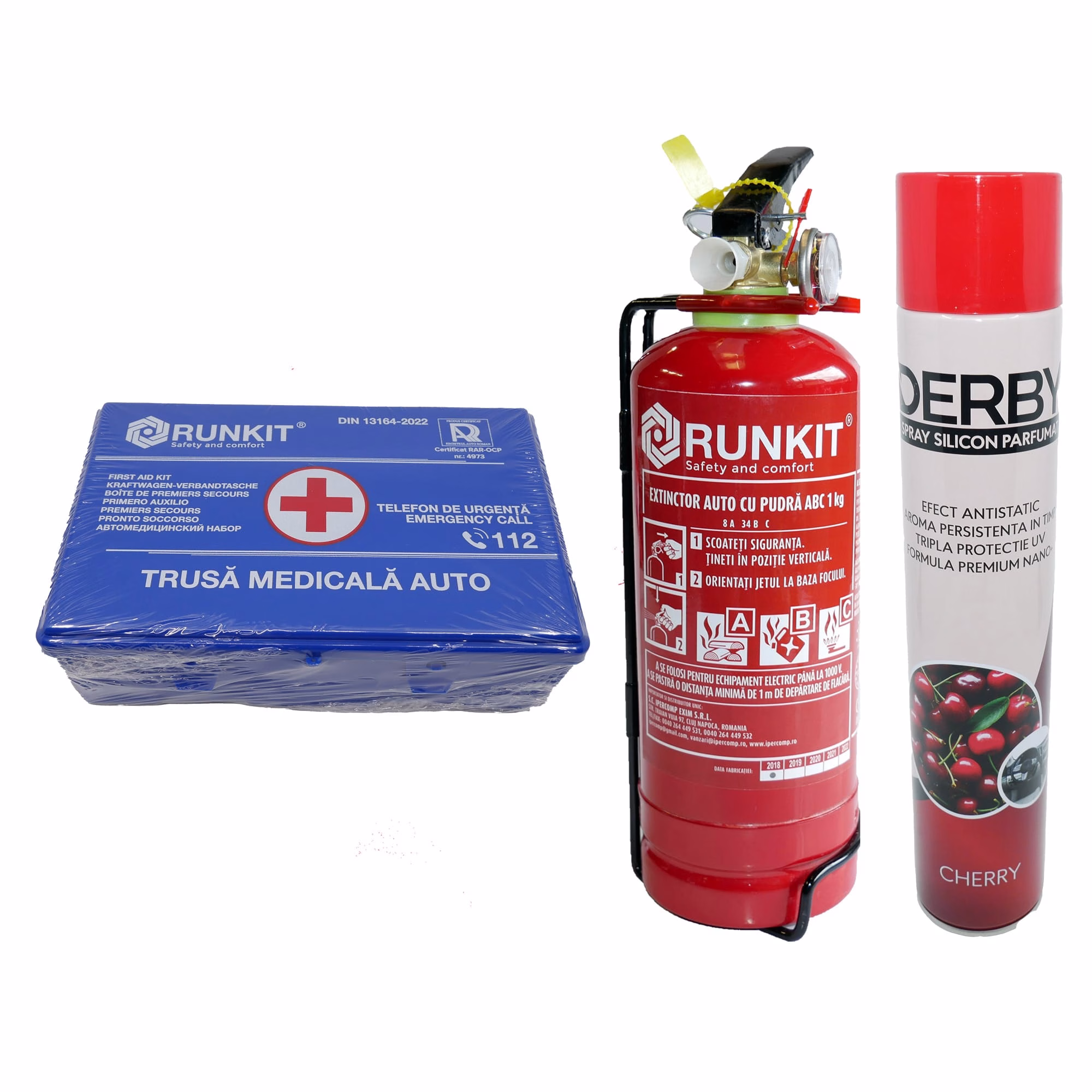 Pachet siguranta si intretinere auto: Stingator auto P1 + Trusa sanitara DIN13164 + Spray bord silicon Cireșe