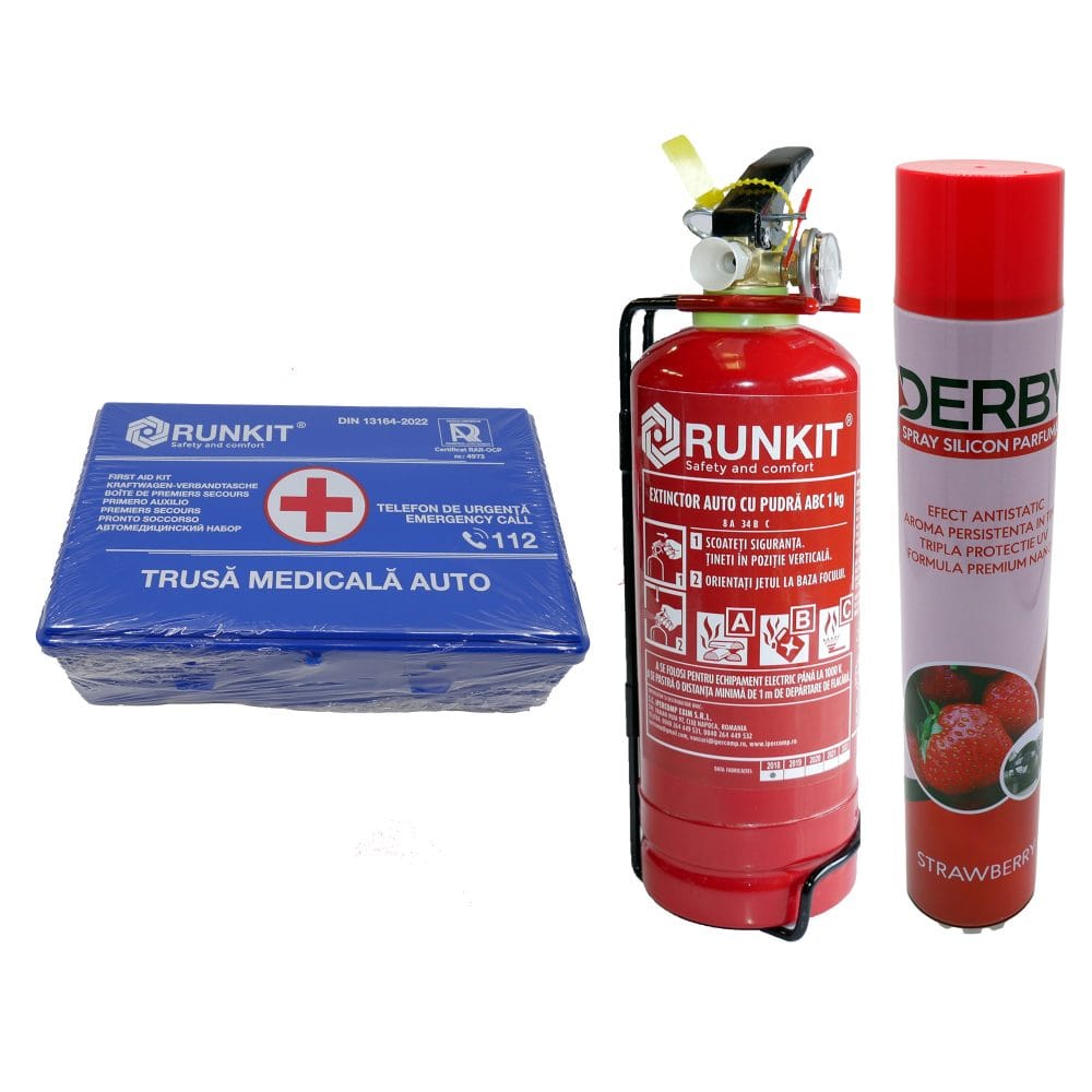 Pachet siguranta si intretinere auto: Stingator auto P1 + Trusa sanitara DIN13164 + Spray bord silicon Căpșuni