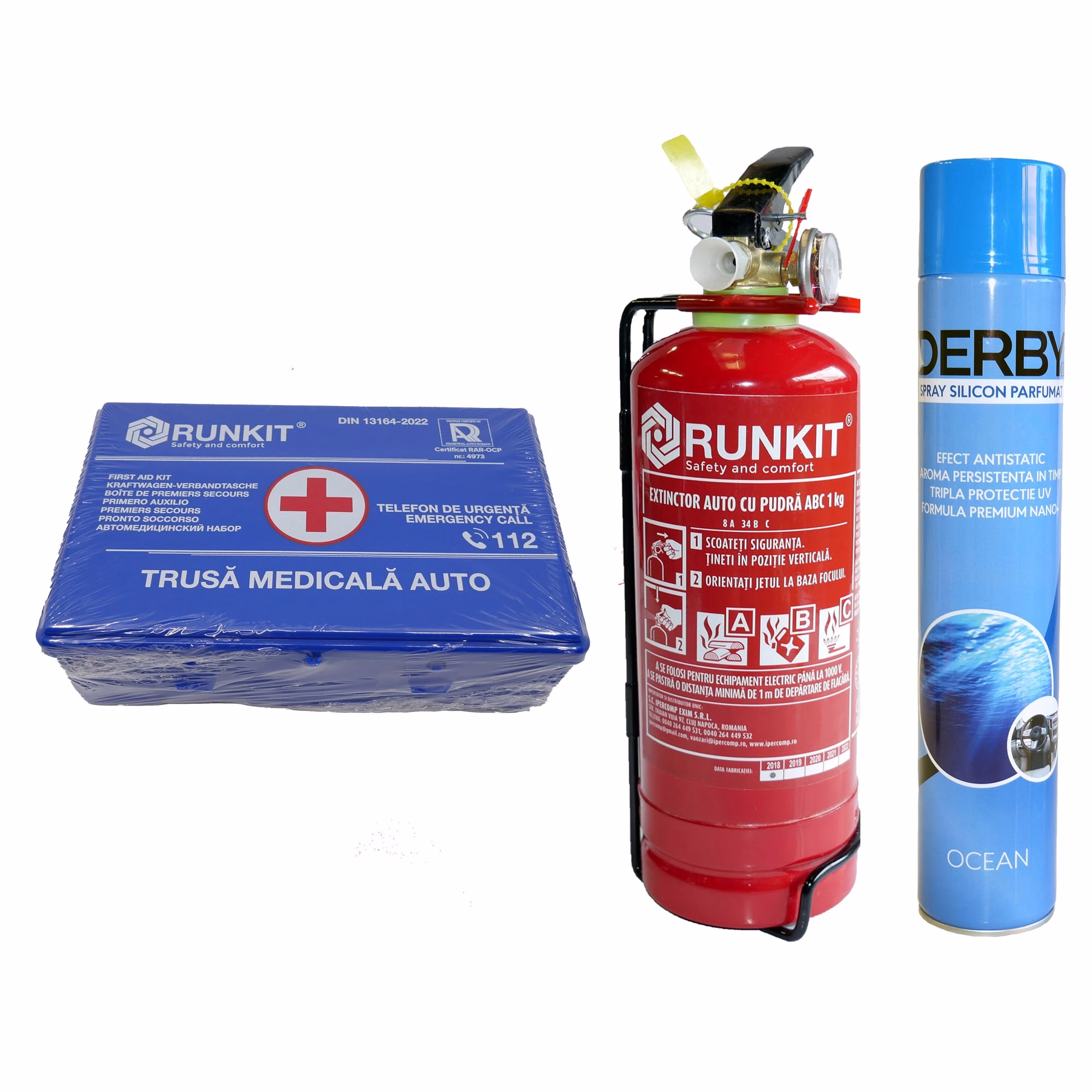 Pachet siguranta si intretinere auto: Stingator auto P1 + Trusa sanitara DIN13164 + Spray bord silicon Ocean