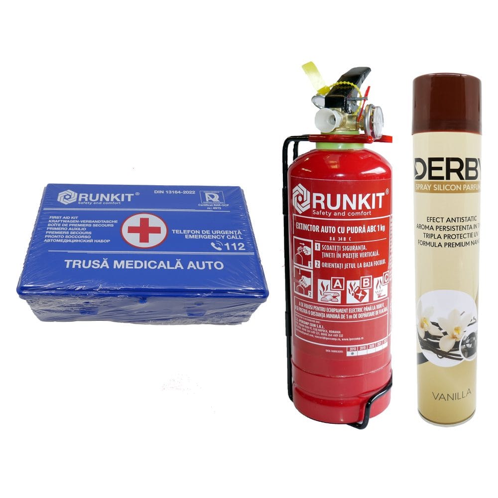 Pachet siguranta si intretinere auto: Stingator auto P1 + Trusa sanitara DIN13164 + Spray bord silicon Vanilie
