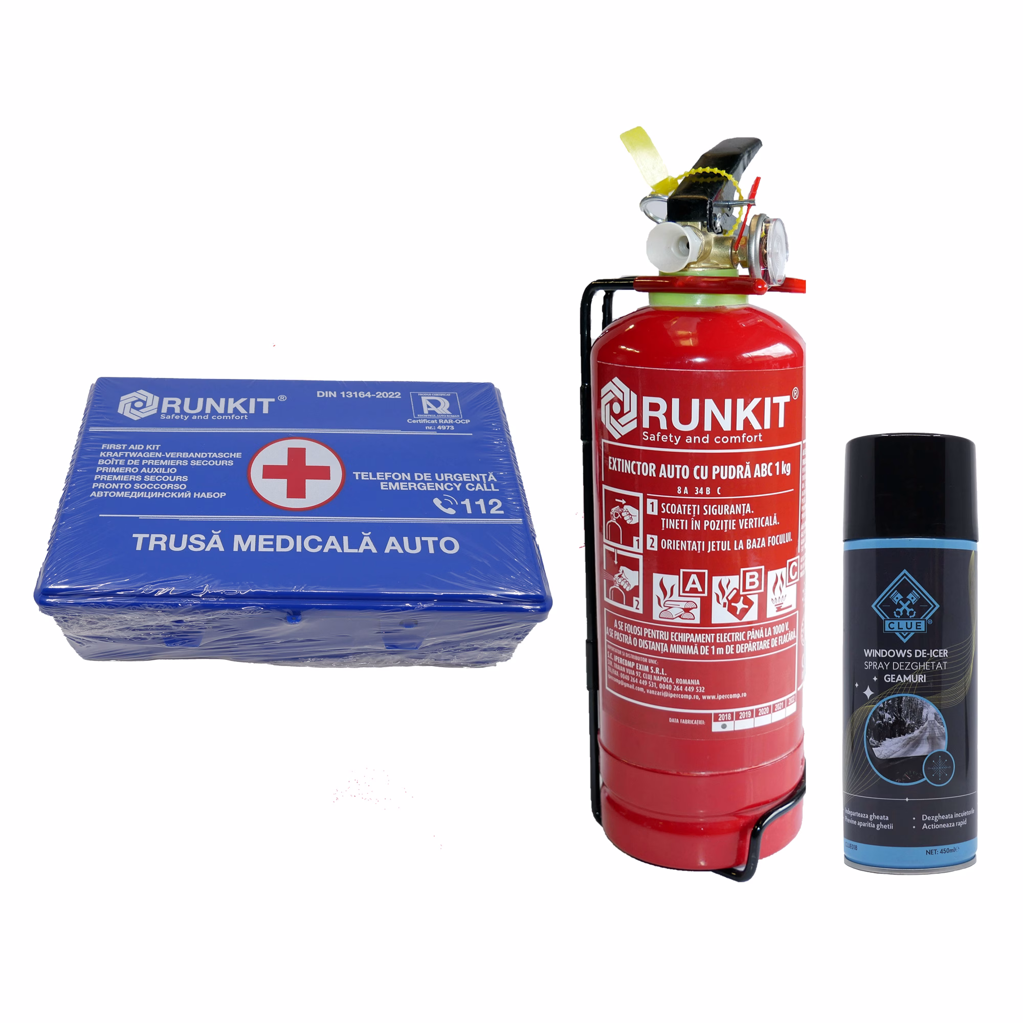 Pachet Stingator auto P1 + Trusa sanitara auto + Spray dezghetat geamuri 450ml